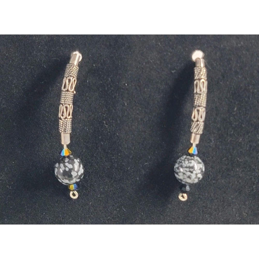 Sterling Silver Dalmatian Stone Bead Dangle Earrings